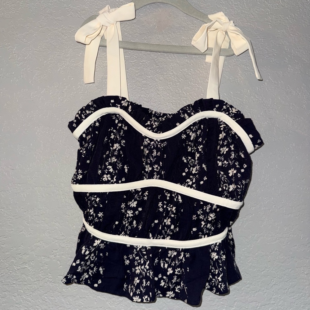 Sienna Sky Dark Blue Floral Tie-Shoulder Peplum Camisole with White Trim